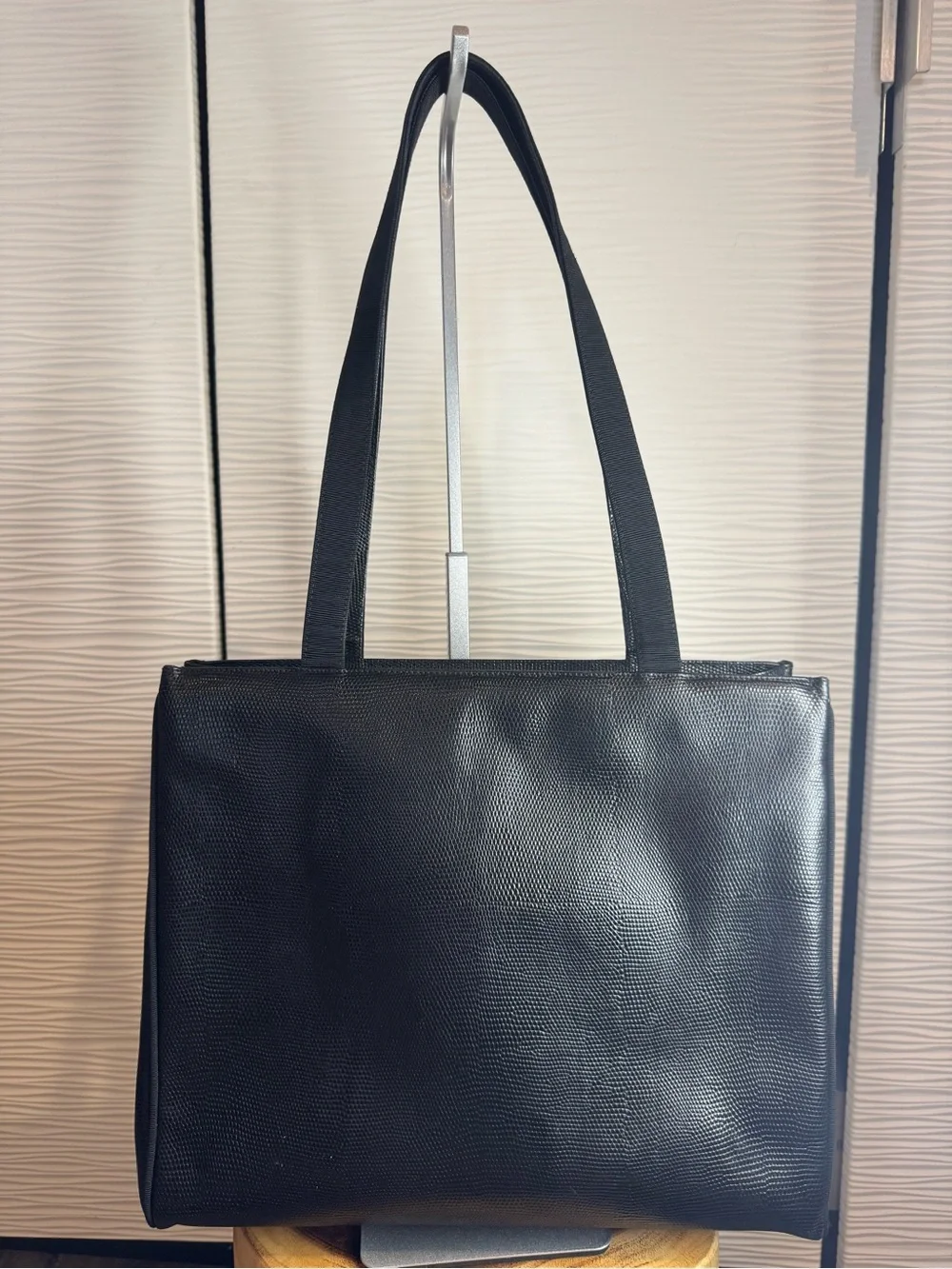 Vintage 1990s Salvatore Ferragamo Black leather Textured Tote with Gold Bow